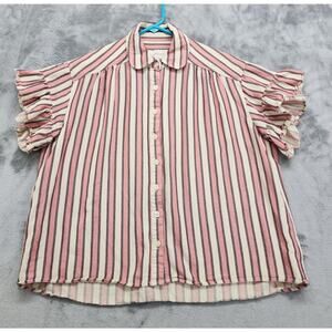 THE GREAT Top Womens 00 Pink Taffy Stripe Flounce Sleeve Button Up Oversized